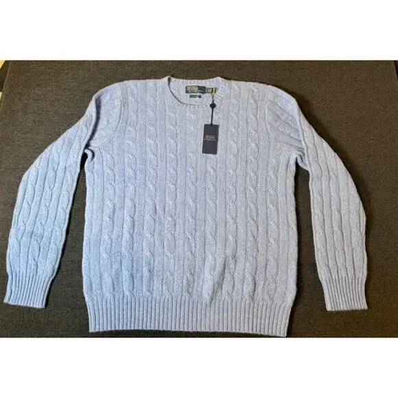 POLO Ralph Lauren Cashmere Light Blue Cable Knit Pullover Sweater Men's L NWT!
